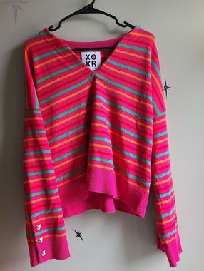 Kerri Rosenthal XO KR Striped V-Neck Sweater with Heart Buttons - L